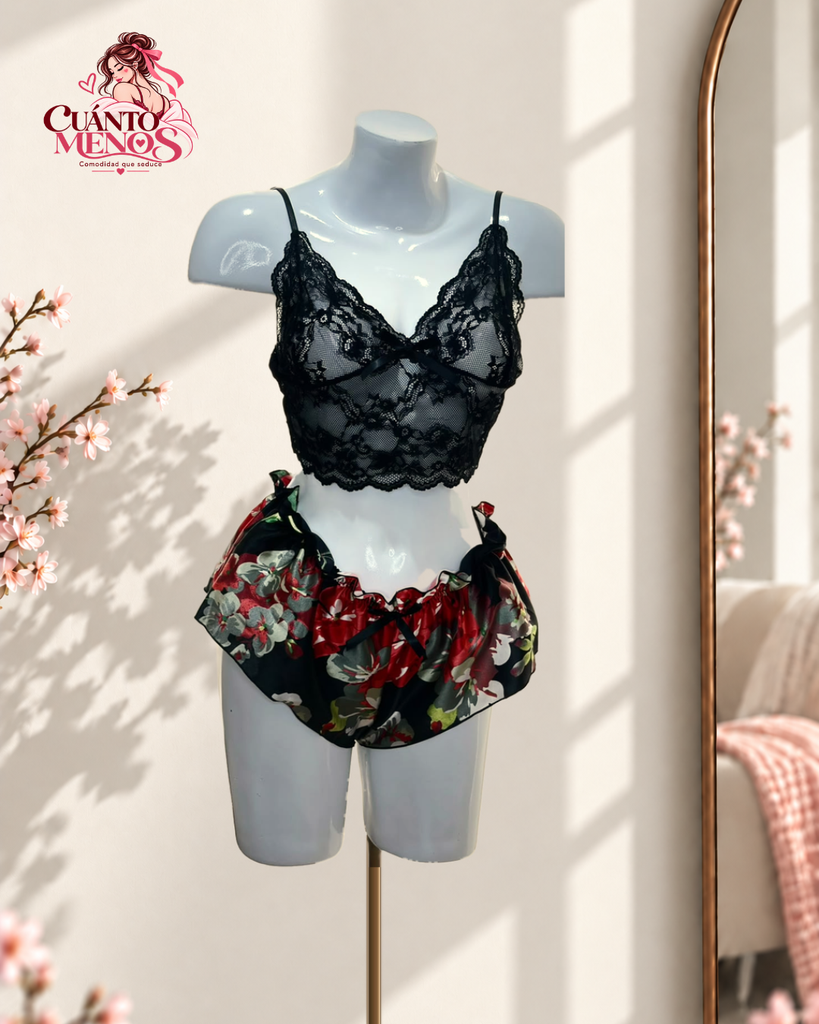 Set Noir Floral – Pijama Satin 2 Piezas con Encaje Talla M/L – Negro con Flores Rojas