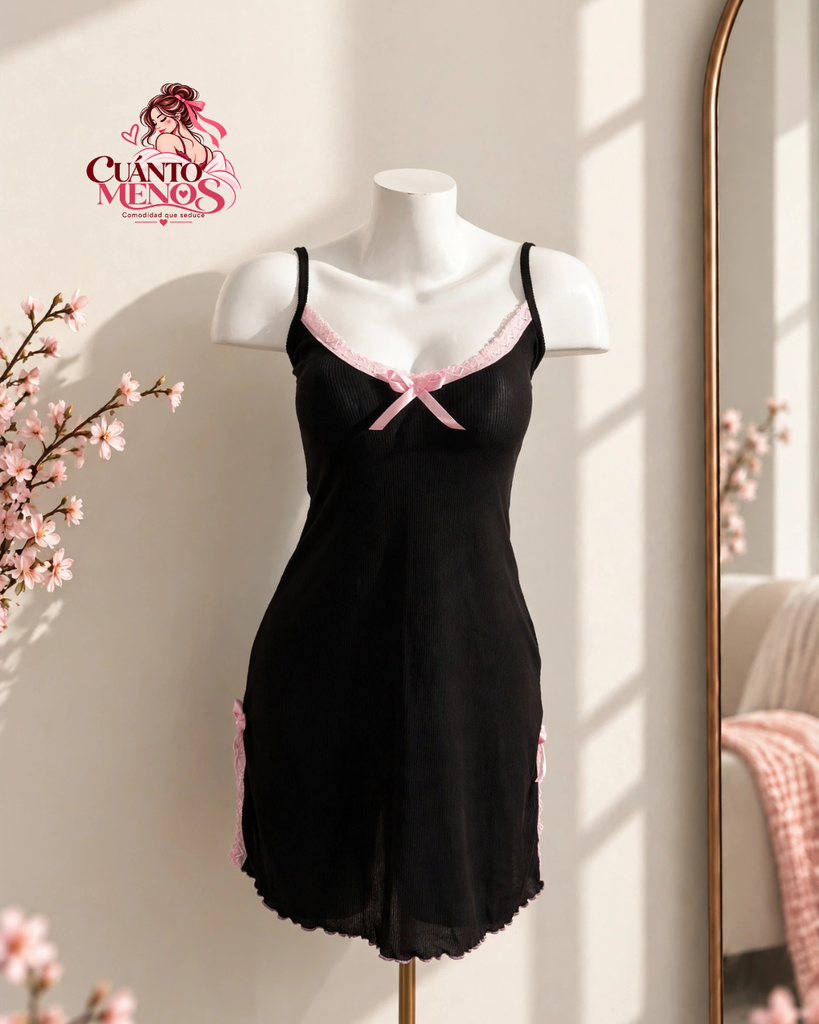 Pijama Vestido Negro con Moño Rosa – Seducción Pijama Vestido M / L – Negro Liso – Tela Suave
