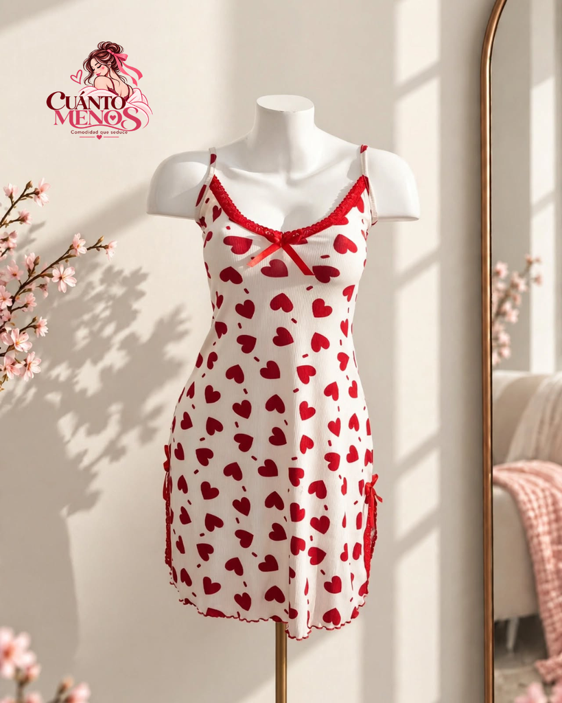 Pijama Vestido Corazones Rojos – Pijama Vestido M / L – Blanco con Corazones Rojos – Tela Suave