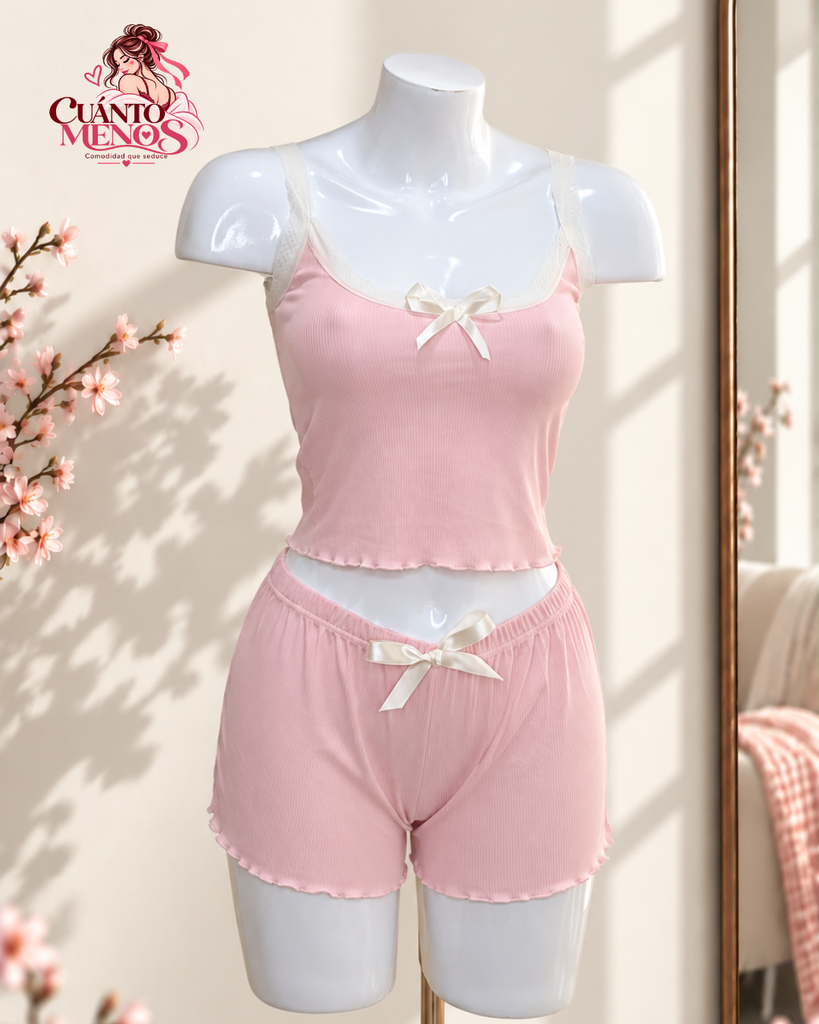Pijama Rosado – Set Top + Short Pijama 2 Piezas – Talla S – Rosa Bebé Liso – Tela Rib