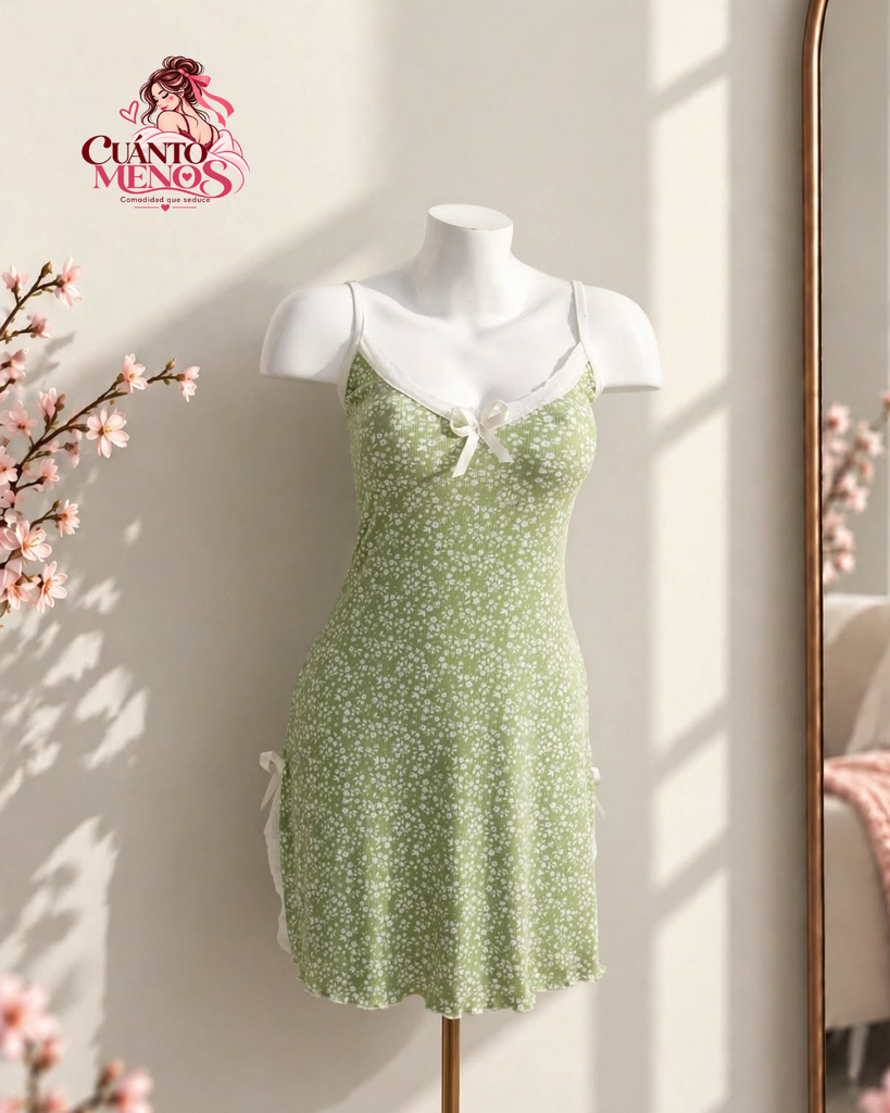 Pijama Vestido Flores Verde – Pijama Vestido M / L – Verde Manzana Floreado – Tela Suave