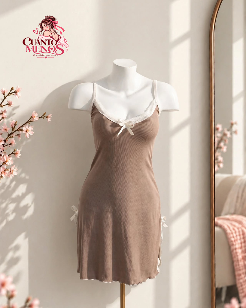 Pijama Vestido Marrón Café – Seducción Pijama Vestido S / M – Marrón Café Liso – Tela Rib