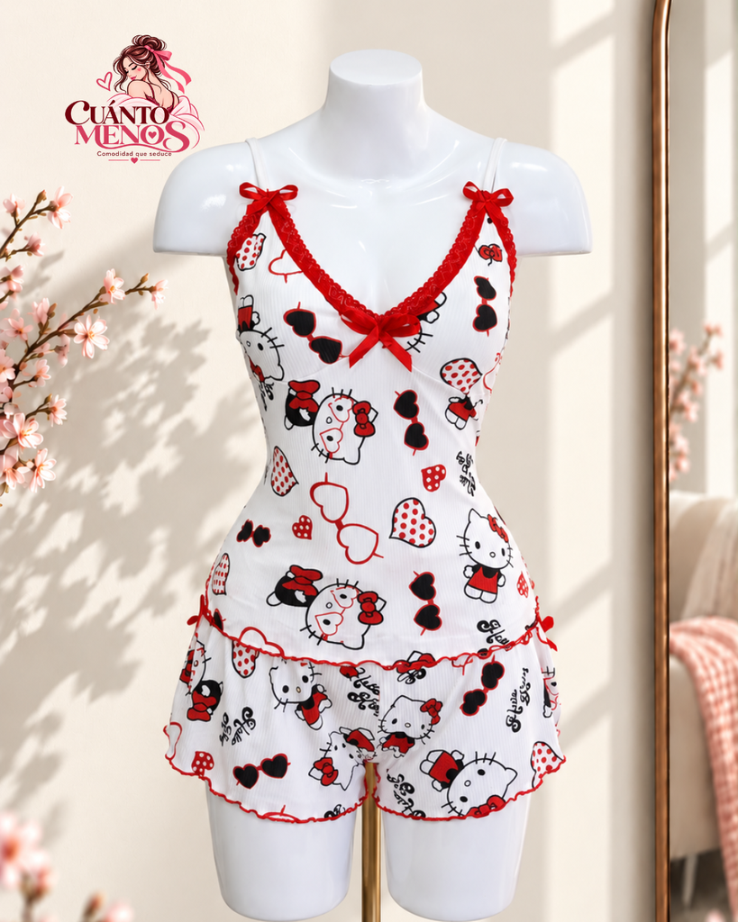 Pijama Hello Kitty – Set Top + Short Pijama 2 Piezas – Talla L – Blanco con Hello Kitty – Tela Rib