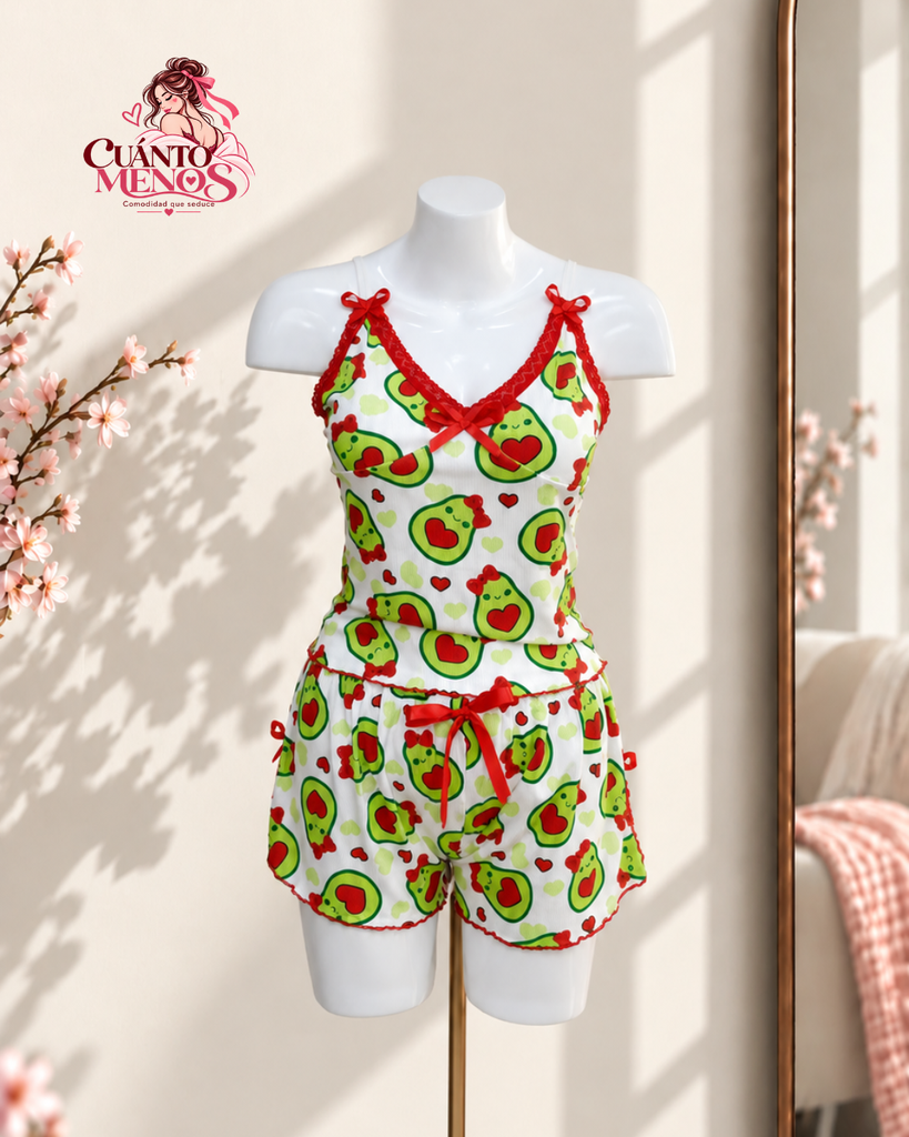 Pijama Palta – Set Top + Short Pijama 2 Piezas – Talla L – Blanco con Paltas – Tela Rib