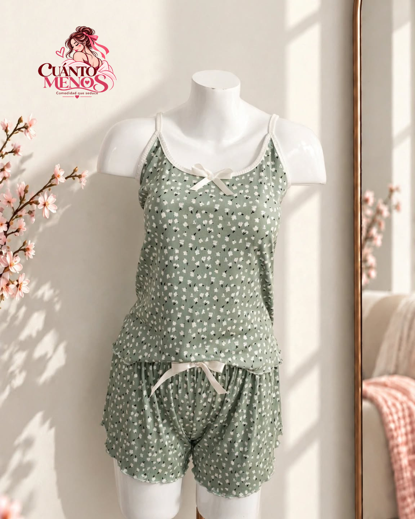 Pijama Flores Verde – Set Top + Short Pijama 2 Piezas – Talla L – Verde Menta con Flores – Tela Rib