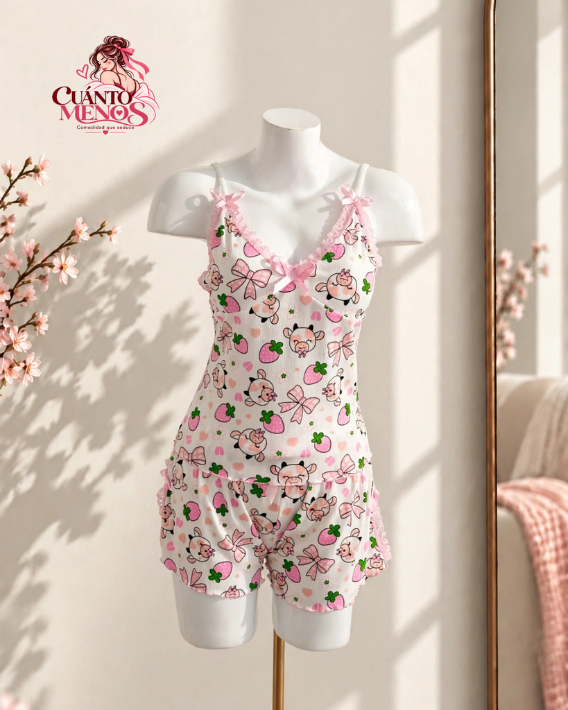 Pijama Vaquita – Set Top + Short Pijama 2 Piezas – Talla L – Blanco con Vaquita Fresa – Tela Rib