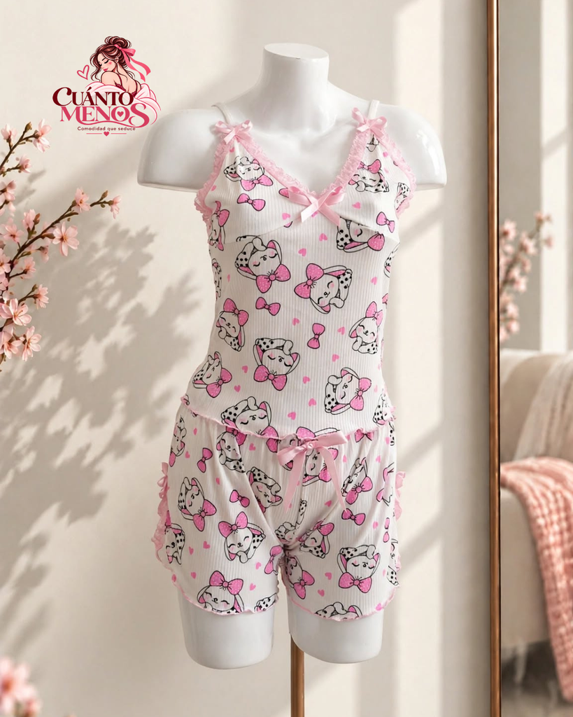 Pijama Conejito Moños – Set Top + Short Estampado Conejito Pijama 2 Piezas – Tela Rib – Blanco y Rosado – Estampado Conejitos Talla L
