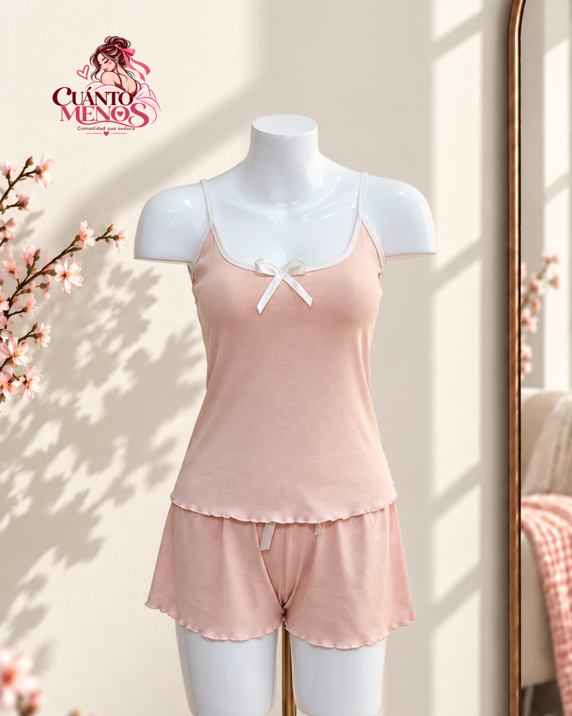 Pijama Melón Liso – Set Top + Short Pijama 2 Piezas – S / M – Color Melón – Tela Rib
