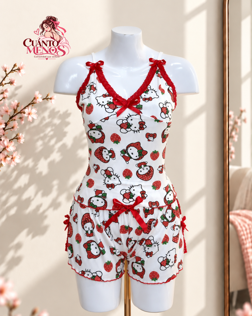 Pijama Kitty Fresa – Set Top + Short Pijama 2 Piezas – Talla L – Blanco con Kitty Fresa – Tela Rib