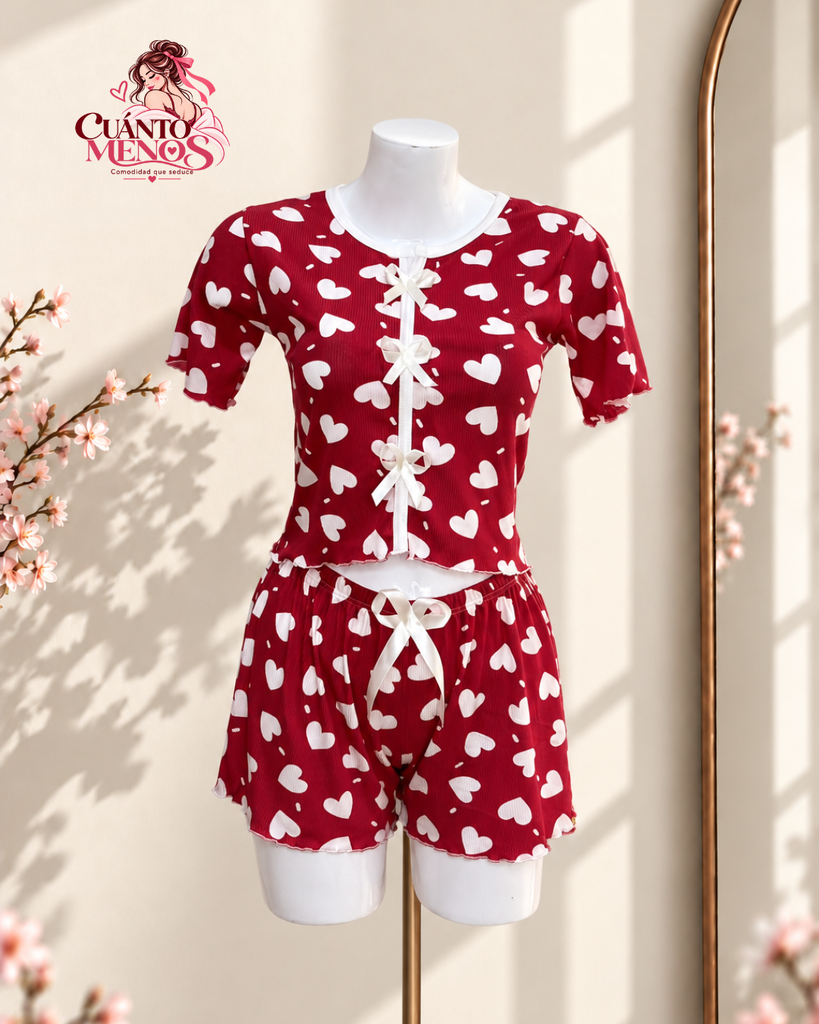 Pijama Corazones Rojo – Set Top + Short Pijama 2 Piezas – Talla L – Rojo con Blanco – Tela Rib