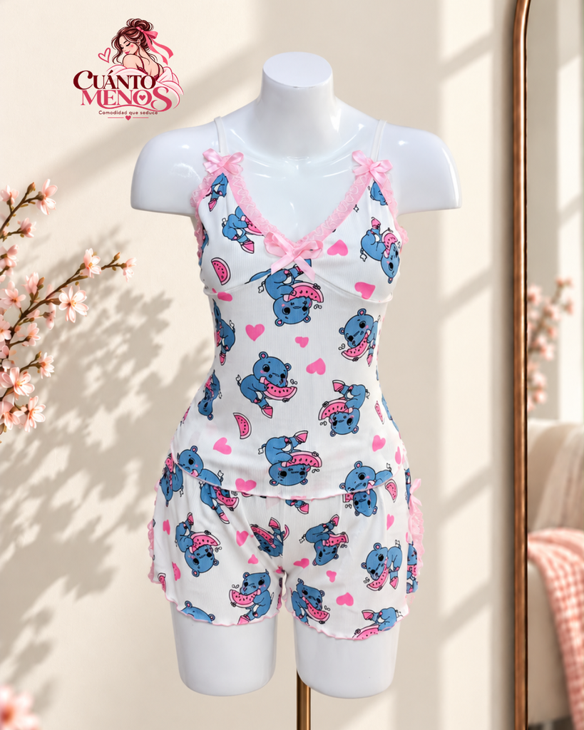 Pijama Hipopótamo – Set Top + Short Pijama 2 Piezas – Talla L – Blanco con Hipopótamos – Tela Rib