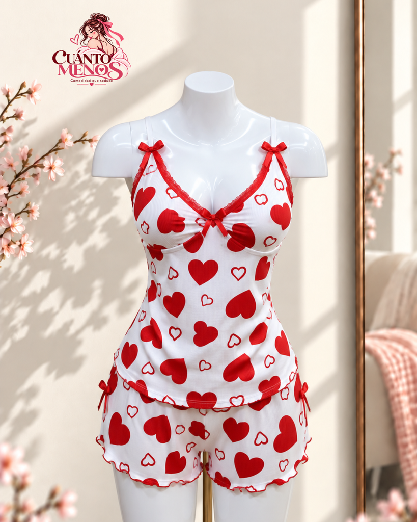 Pijama Corazones Passion – Set Top + Short con Encaje Rojo Pijama 2 Piezas – Tela Rib – Blanco con Corazones Rojos Talla L