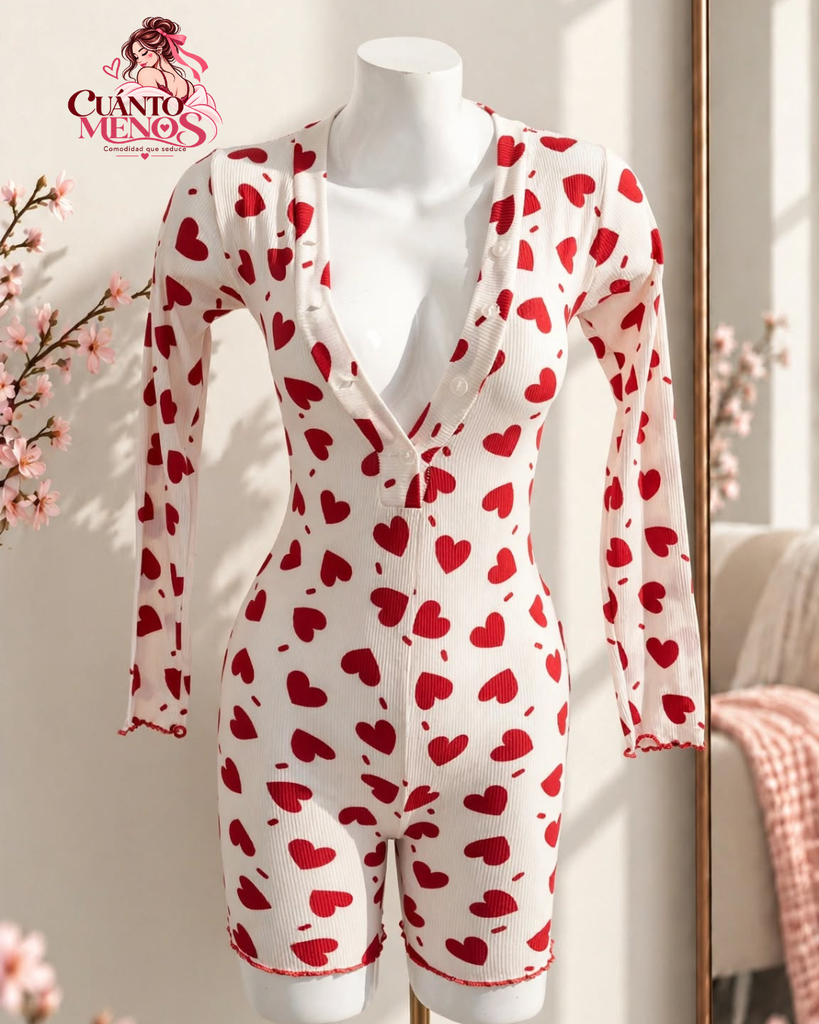 Pijama Enterizo Corazones Rojo – Manga Larga Pijama Enterizo – Talla M – Blanco con Corazones Rojos – Tela Rib