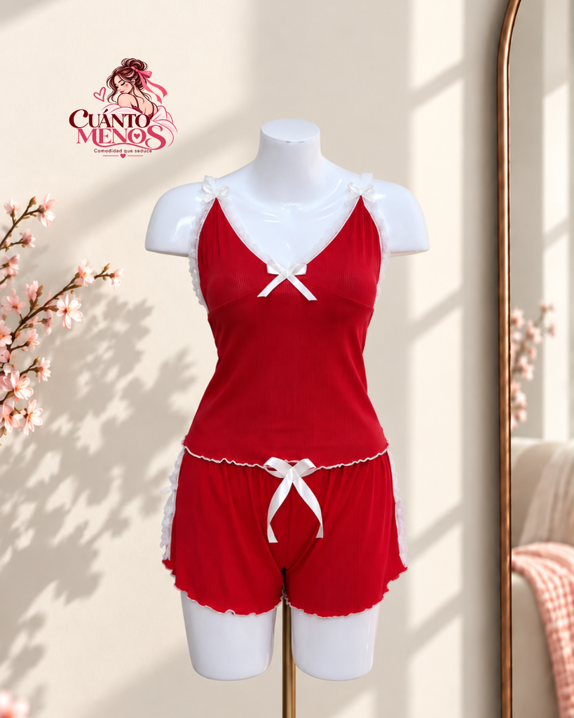 Pijama Rojo – Set Top + Short Pijama 2 Piezas – Talla L – Rojo Liso – Tela Rib