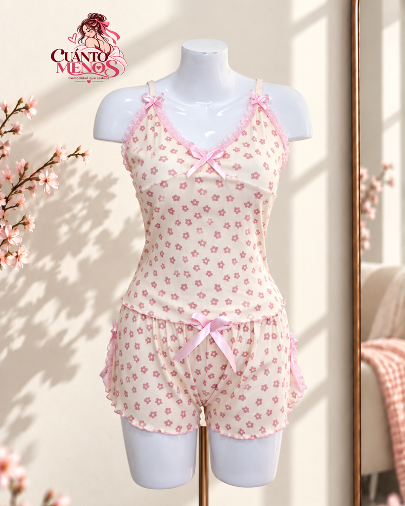 Pijama Flores Rosada – Set Top + Short Pijama 2 Piezas – Talla L – Rosa Coral con Flores – Tela Rib