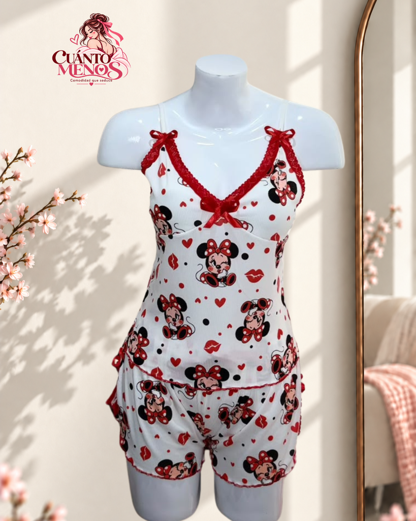Pijama Minnie Mouse – Set Top + Short Pijama 2 Piezas – Talla L – Blanco con Minnie – Tela Rib