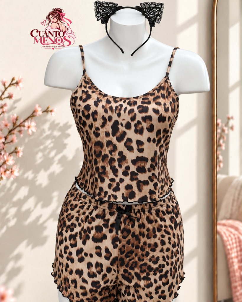 Pijama Animal Print Leopardo – Set 3 Piezas con Cintillo Gatita Talla M/L