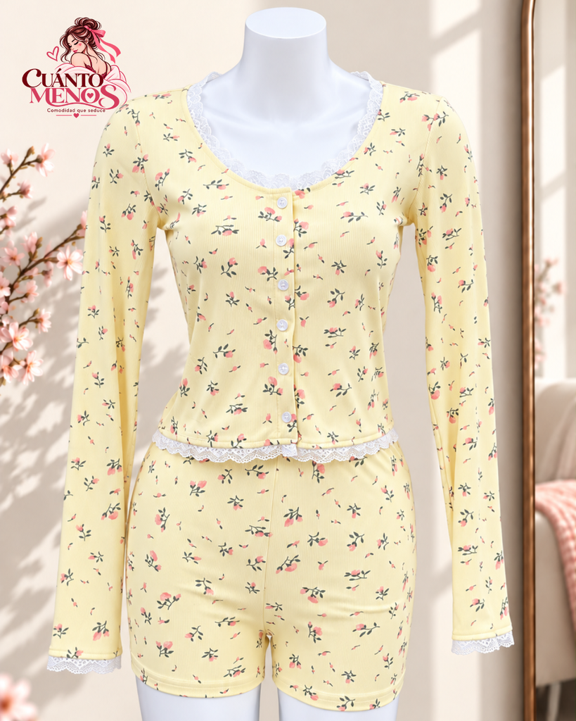 Set Primavera – Pijama Manga Larga + Short Floral Conjunto 2 Piezas – Talla M/L – Amarillo Pastel Flores – Tela Suave