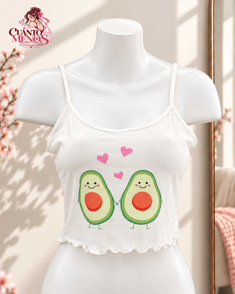Top Aguacate Love – Top Crop de Pijama Estampado Talla Estándar – Blanco