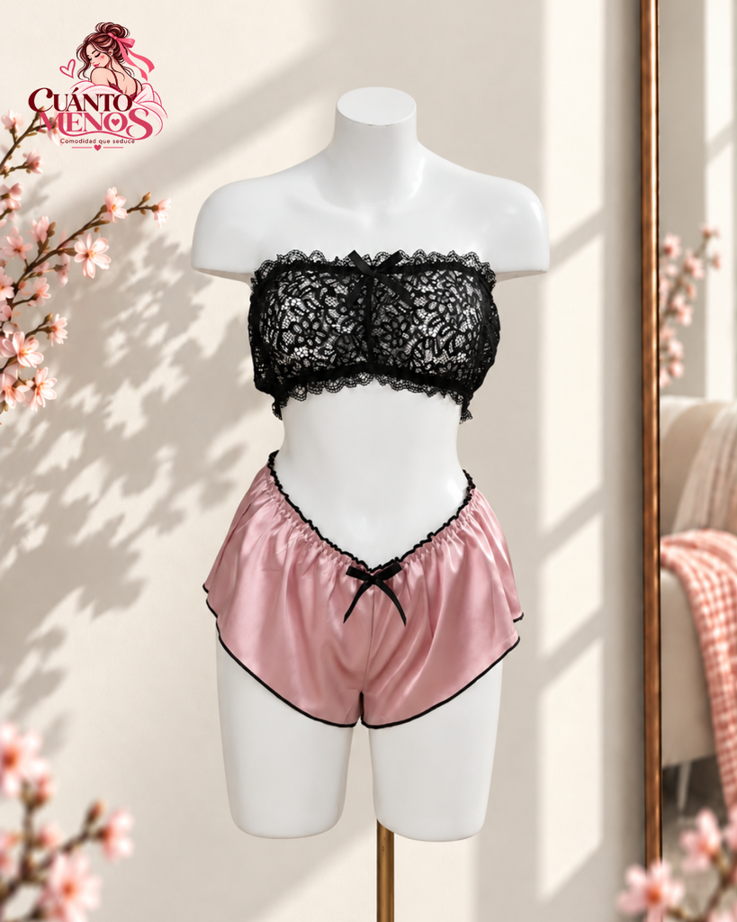 Set Dulce – Top Bandeau de Encaje + Short Satin Conjunto 2 Piezas – Talla M/L – Rosado y Negro – Seda Satinada