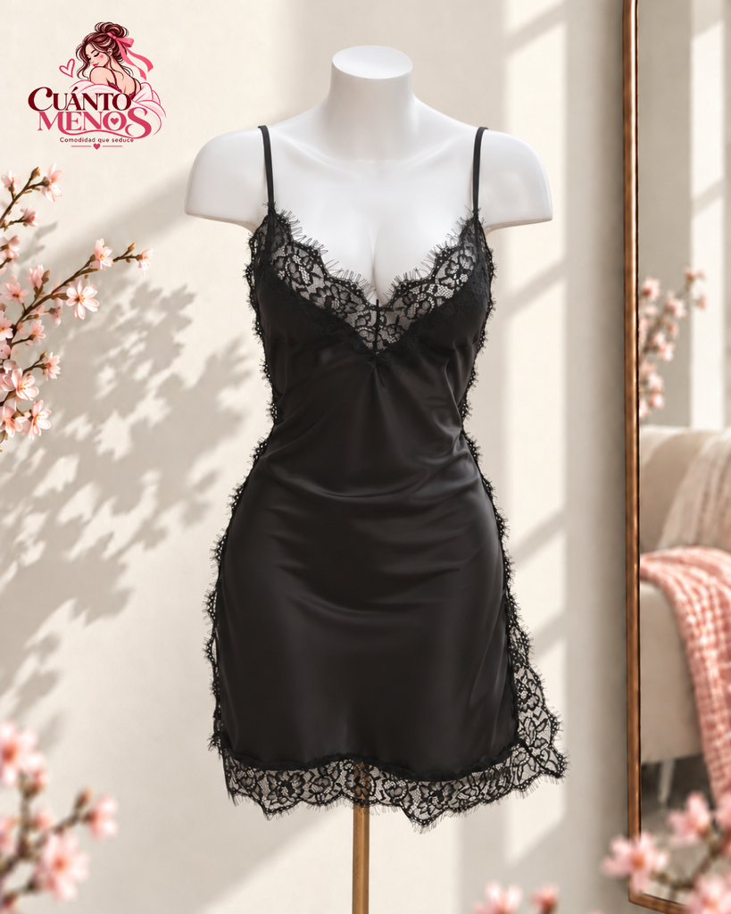 Charlaine Noir – Batita Satin con Encaje y Espalda Cruzada Talla M/L – Color Negro – Seda Satinada