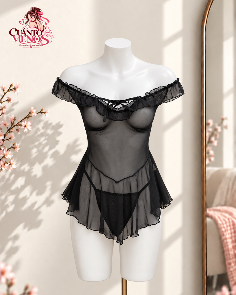 Set Babydoll Coquette Negro – 2 Piezas con Faralado Talla M/L