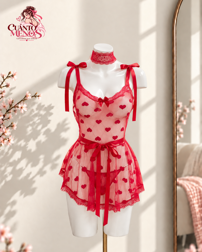 Set Corazones Tentación Rojo – Babydoll 3 Piezas Talla M/L