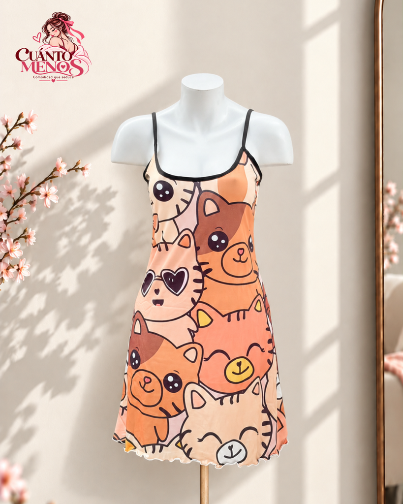 Vestido Gatitos Coquetos – Pijama Batita Corta Estampada Talla L / Cede hasta XL – Tela Fresca Suave – Estampado Gatitos