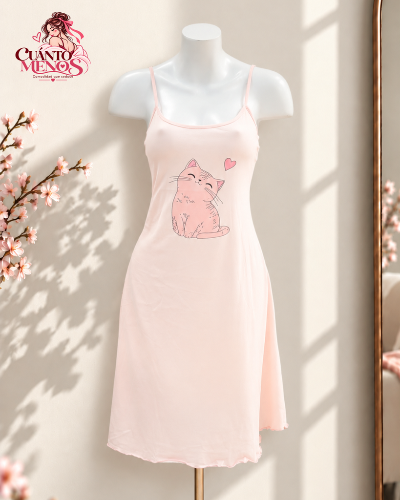 Camisón Gatito Melón – Bata Pijama Estampada de Gato Talla L/XL – Melón / Rosa Suave