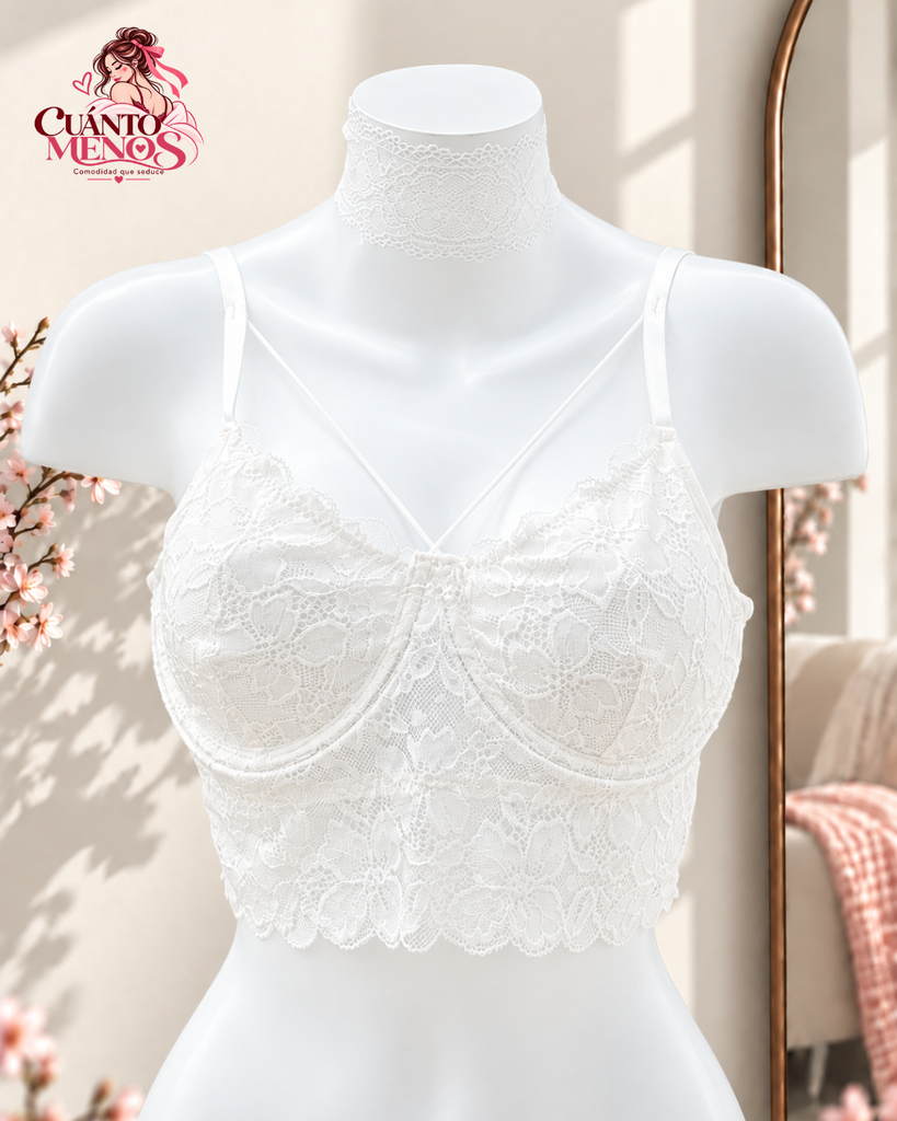 Top Novia Choker – Bralette Crop de Encaje + Choker / Antifaz Lencería y Top de Fiesta – Talla Estándar / M-L – Blanco