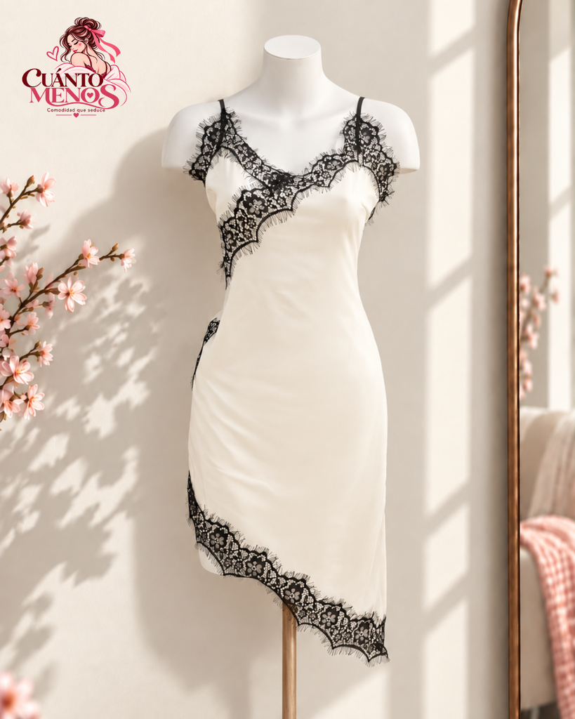 Vestido Ivory – Vestido Satinado Elegante con Encaje Negro Talla M/L – Blanco Hueso / Ivory