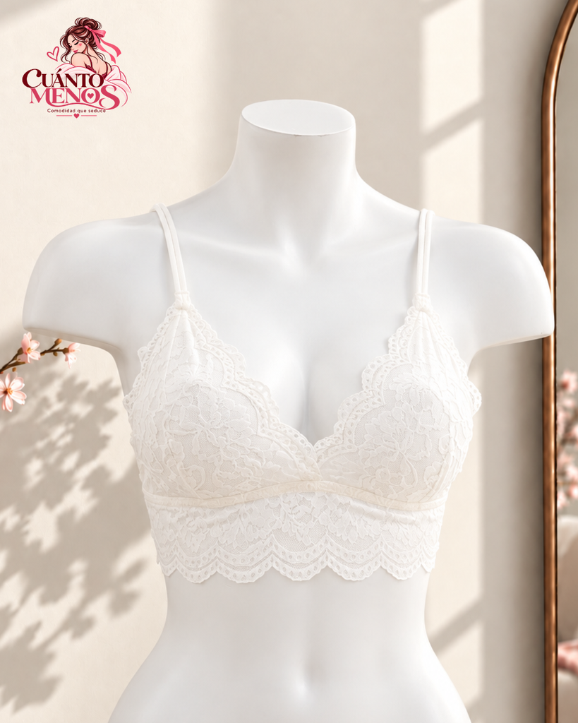 Top Novia – Bralette Crop de Encaje 2 en 1 Lencería y Top de Fiesta – Talla Estándar / M-L – Blanco / Crema