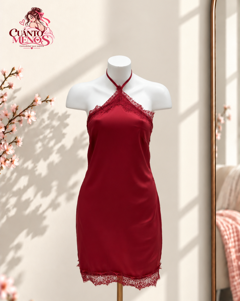 Vestido Guinda – Vestido Satinado Halter con Encaje Talla M/L – Guinda / Burdeos Vinotinto