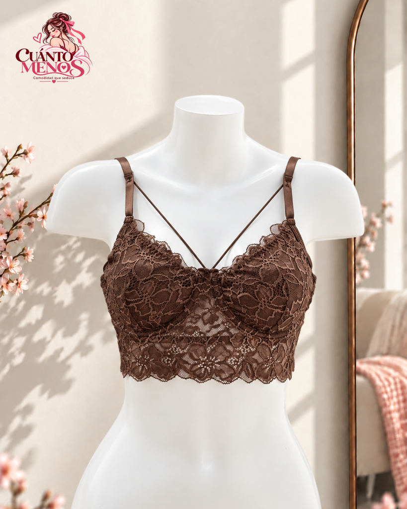 Top Choco – Bralette Crop de Encaje 2 en 1 Lencería y Top de Fiesta – Talla Estándar / M-L – Chocolate / Marrón