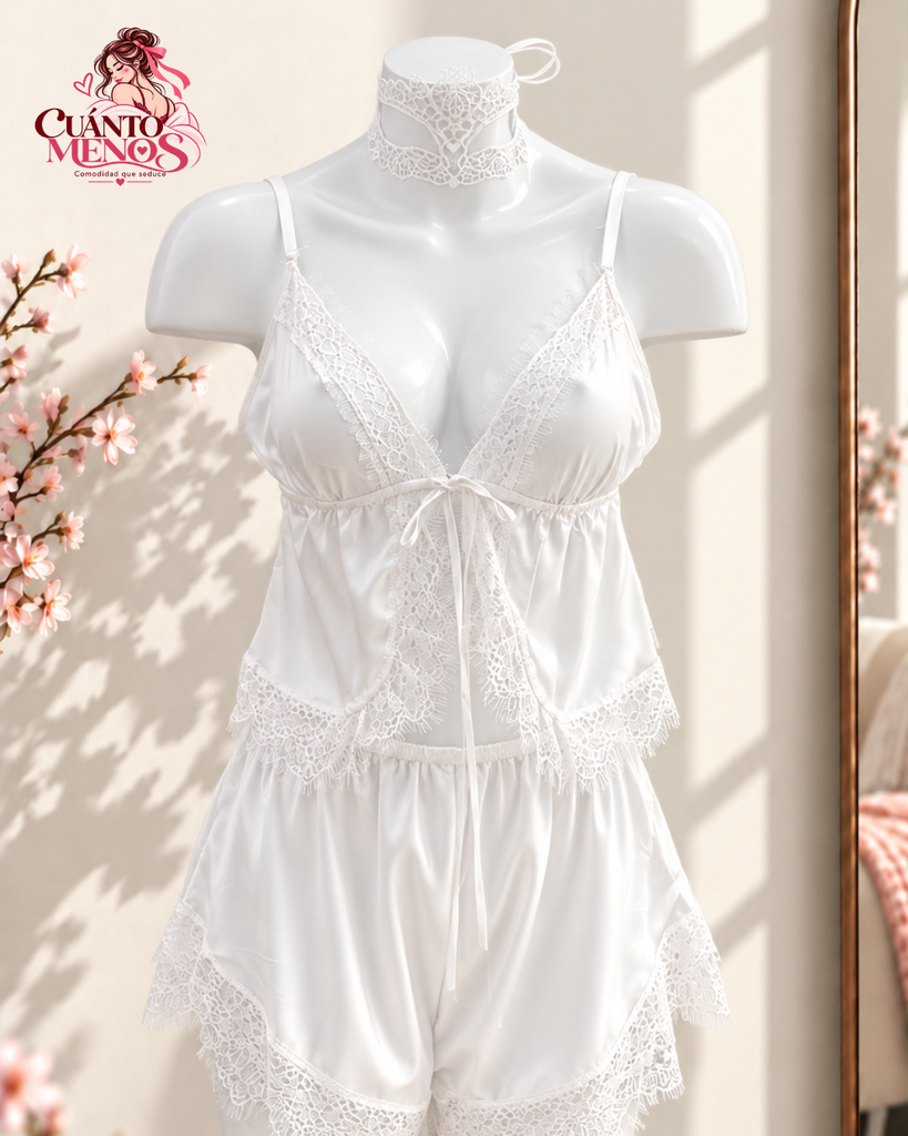 Set Satin Blanco – Pijama 3 Piezas con Encaje - Talla M