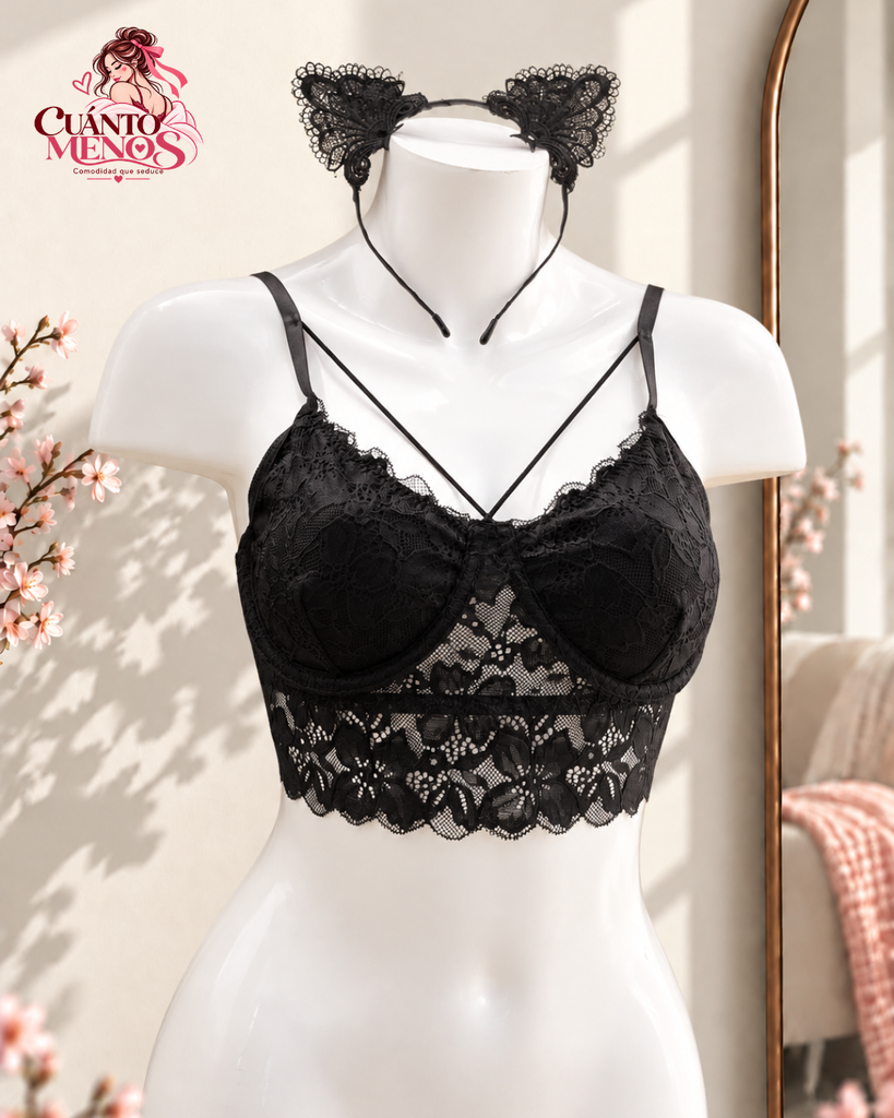 Top Noir Gatita – Bralette Crop de Encaje 2 en 1 + Diadema Lencería y Top de Fiesta – Talla Estándar / M-L – Negro