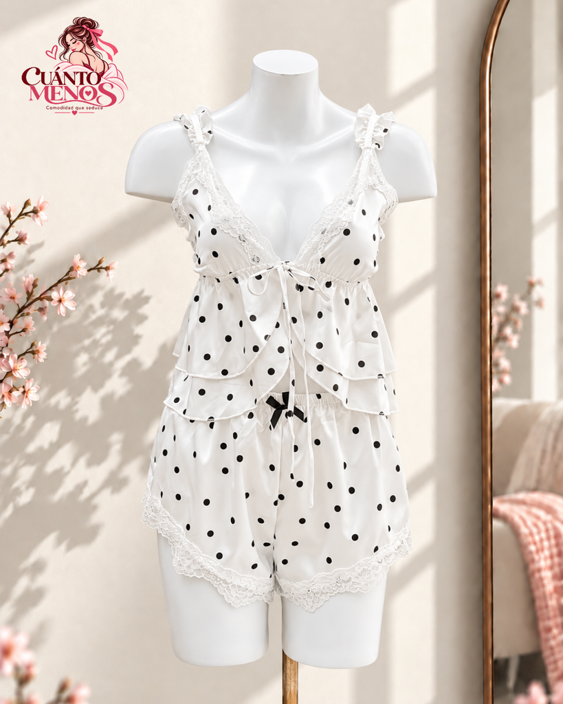 Set Lunares – Pijama Satin 2 Piezas con Encaje Talla M – Tendencia Polka Dots
