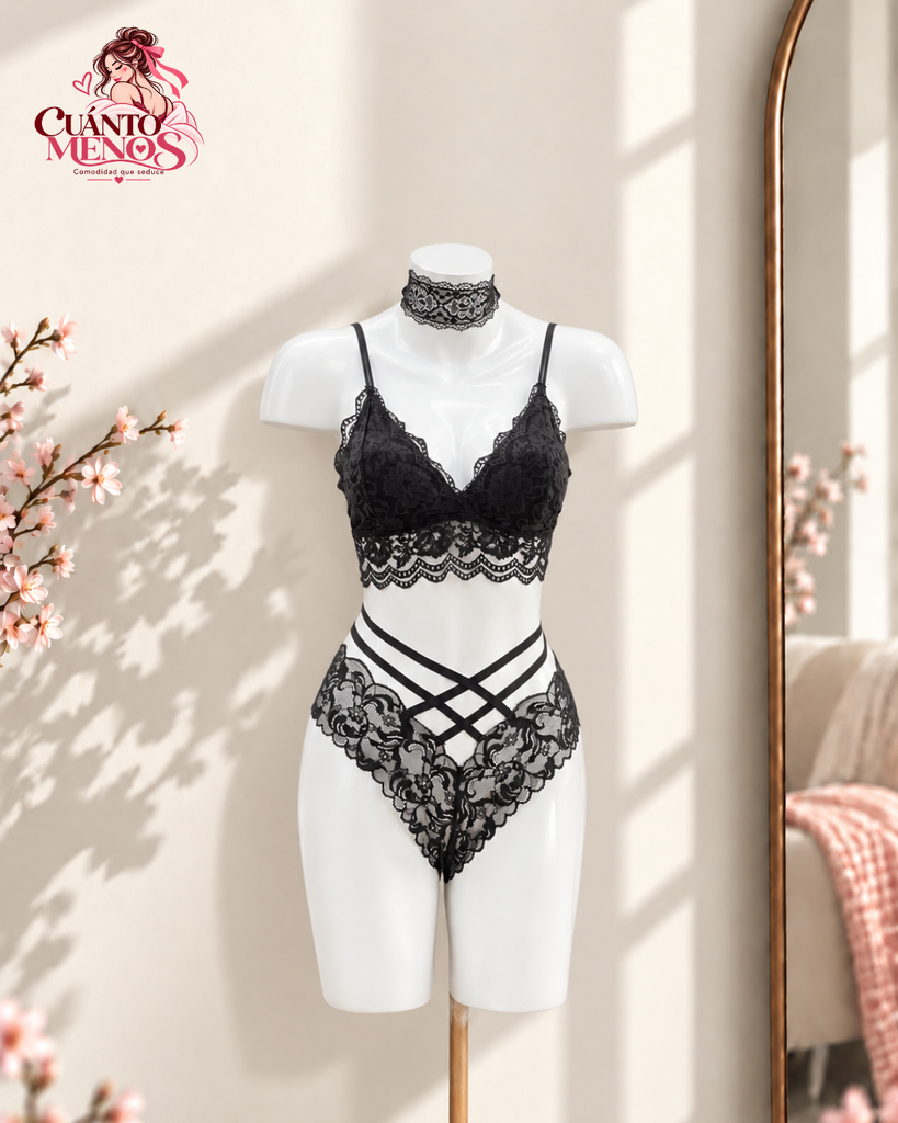 Set Noir Tentación Negro - Conjunto 3 Piezas Talla M/L (Busto 34 hasta 36)