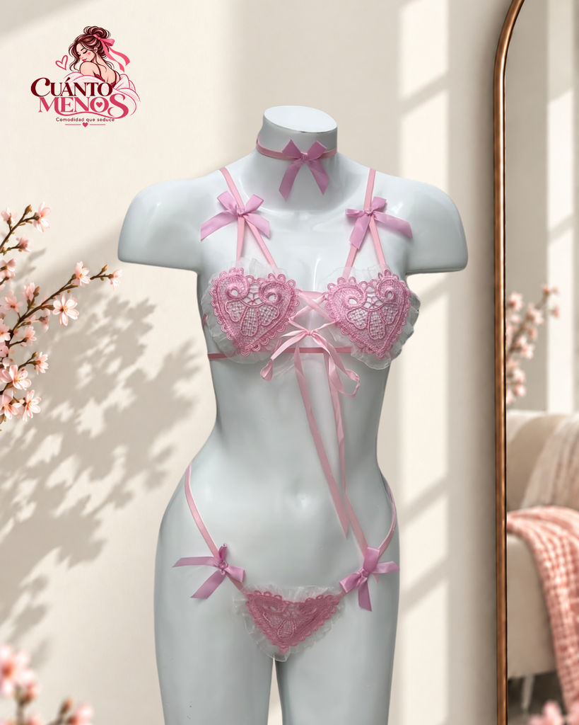 Set Coquette Rosado – Conjunto 3 Piezas con Moñitos Talla M/L