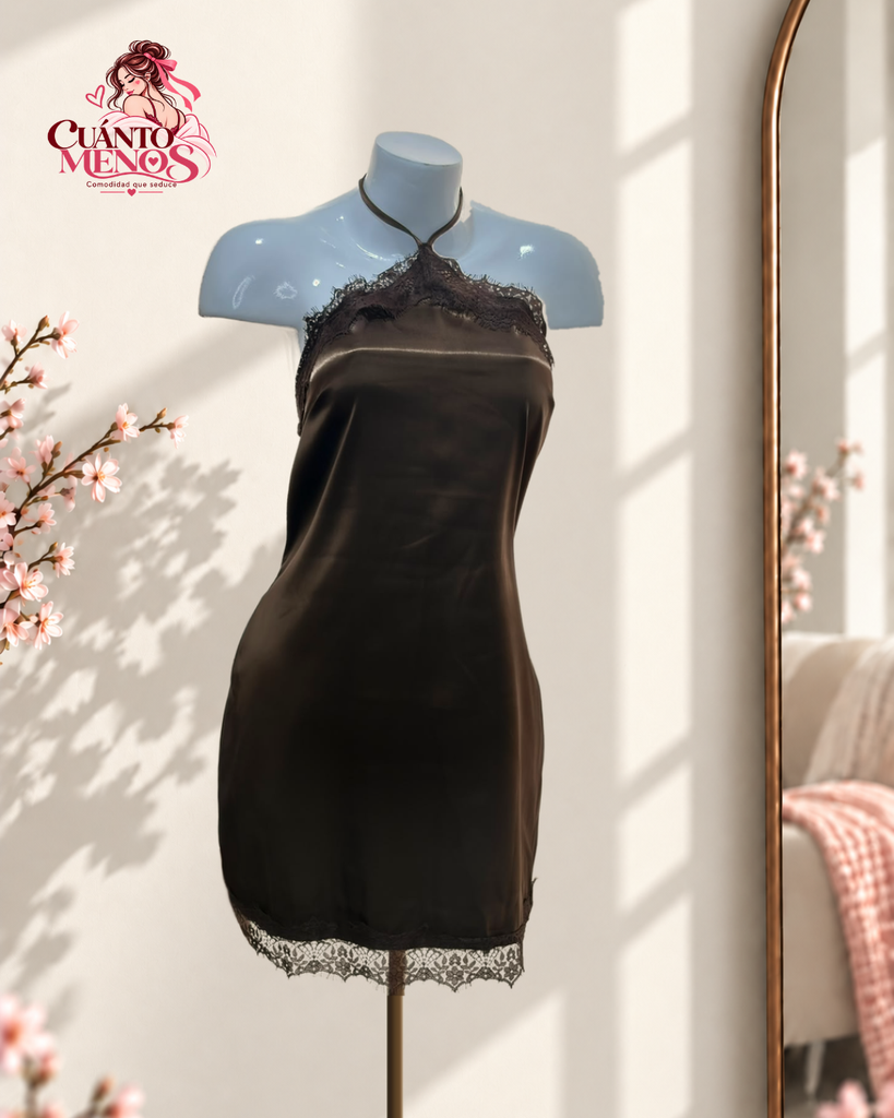 Vestido Choco – Vestido Satinado Halter con Encaje Talla M/L – Marrón Chocolate