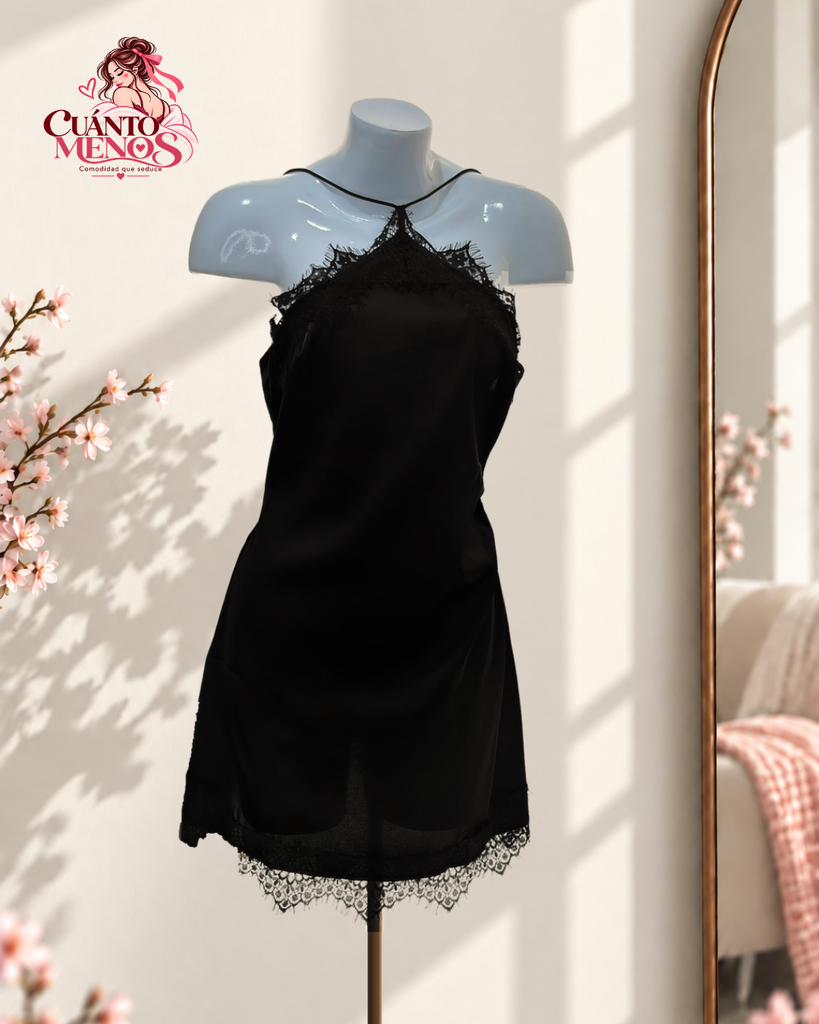 Vestido Negro – Vestido Satinado Halter con Encaje Talla M/L – Negro