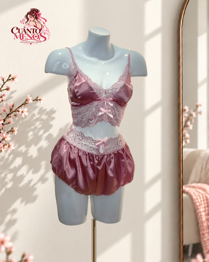 Set Blush – Pijama Satin 2 Piezas con Encaje Talla M/L – Color Rosa Viejo / Blush